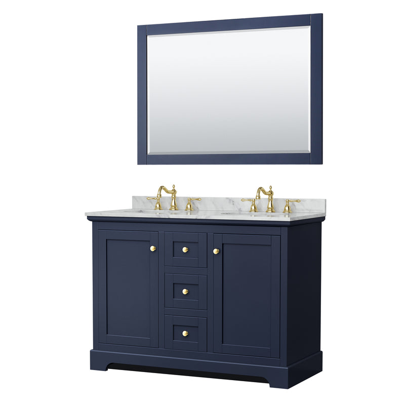 Avery Double Bathroom Vanity, White Carrara Marble Countertop, With Framed Mirror