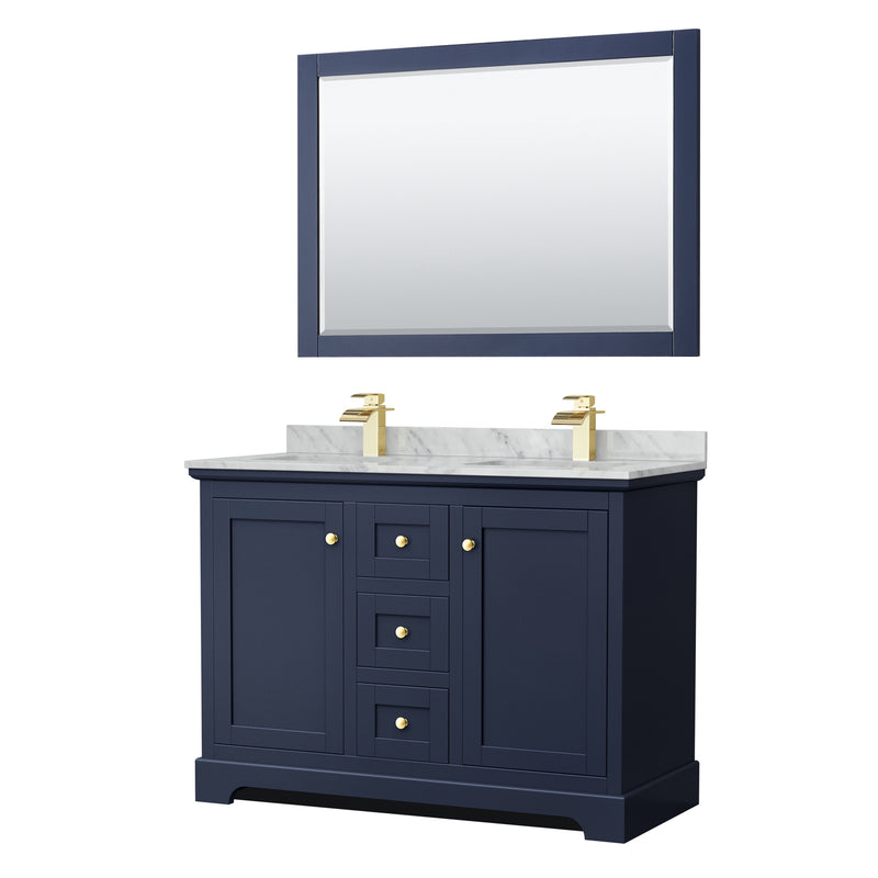 Avery Double Bathroom Vanity, White Carrara Marble Countertop, With Framed Mirror