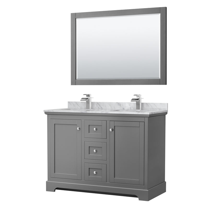 Avery Double Bathroom Vanity, White Carrara Marble Countertop, With Framed Mirror