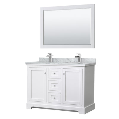 Avery Double Bathroom Vanity, White Carrara Marble Countertop, With Framed Mirror