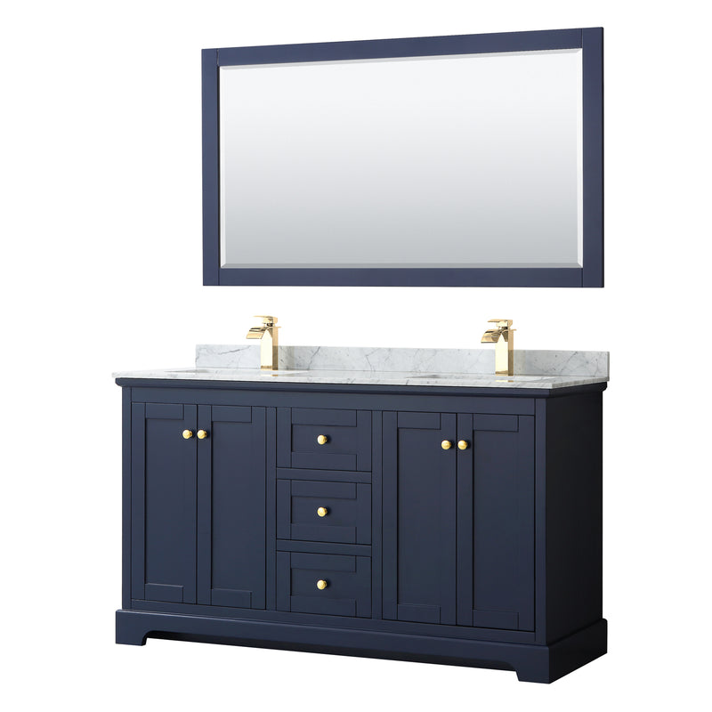 Avery Double Bathroom Vanity, White Carrara Marble Countertop, With Framed Mirror