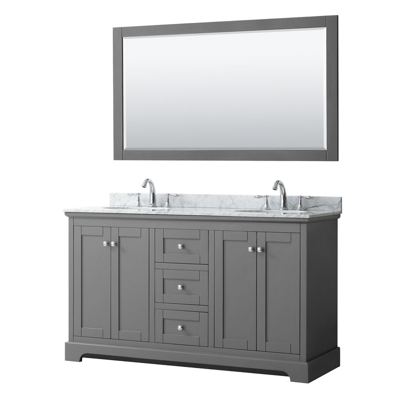 Avery Double Bathroom Vanity, White Carrara Marble Countertop, With Framed Mirror