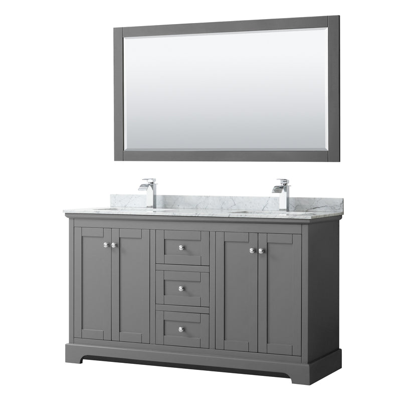 Avery Double Bathroom Vanity, White Carrara Marble Countertop, With Framed Mirror