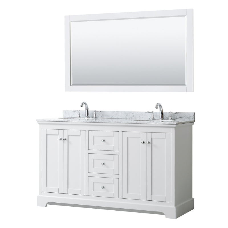 Avery Double Bathroom Vanity, White Carrara Marble Countertop, With Framed Mirror