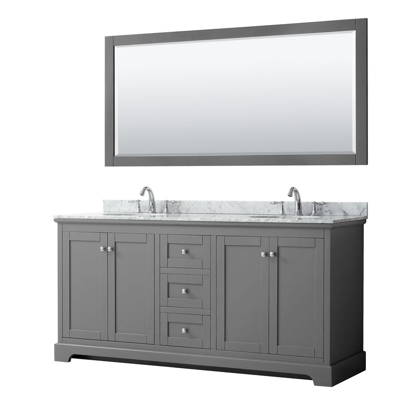 Avery Double Bathroom Vanity, White Carrara Marble Countertop, With Framed Mirror