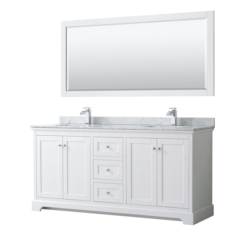 Avery Double Bathroom Vanity, White Carrara Marble Countertop, With Framed Mirror