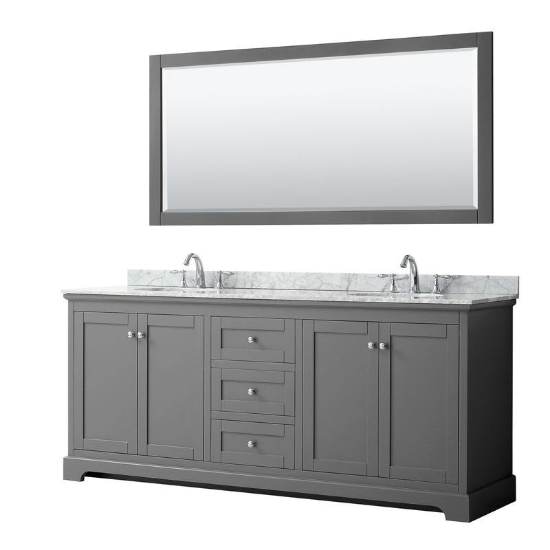 Avery Double Bathroom Vanity, White Carrara Marble Countertop, With Framed Mirror