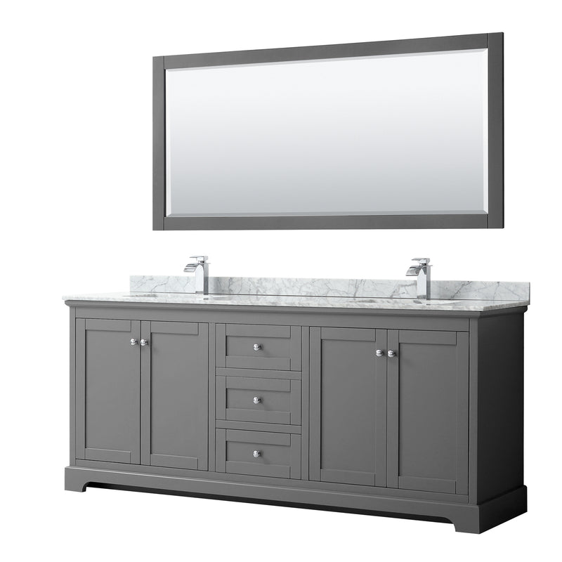 Avery Double Bathroom Vanity, White Carrara Marble Countertop, With Framed Mirror