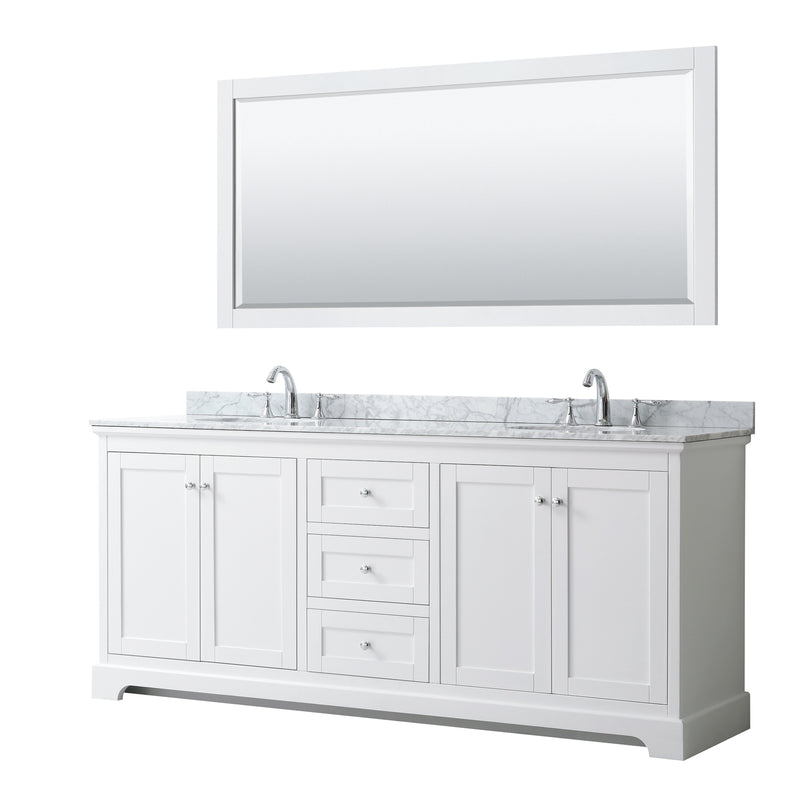 Avery Double Bathroom Vanity, White Carrara Marble Countertop, With Framed Mirror