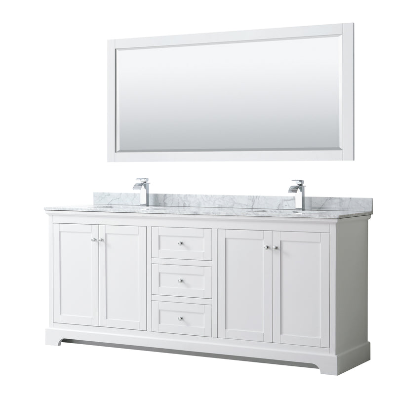 Avery Double Bathroom Vanity, White Carrara Marble Countertop, With Framed Mirror