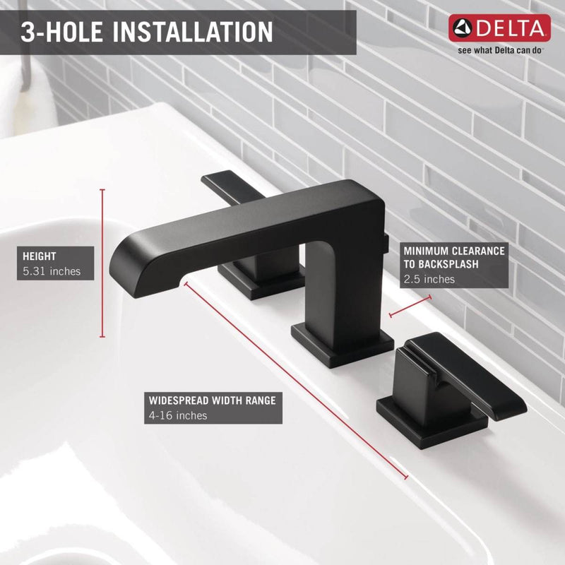 Delta Ara 1.2 GPM Widespread Bathroom Faucet - Includes Metal Pop-Up Drain Assembly - Matte Black