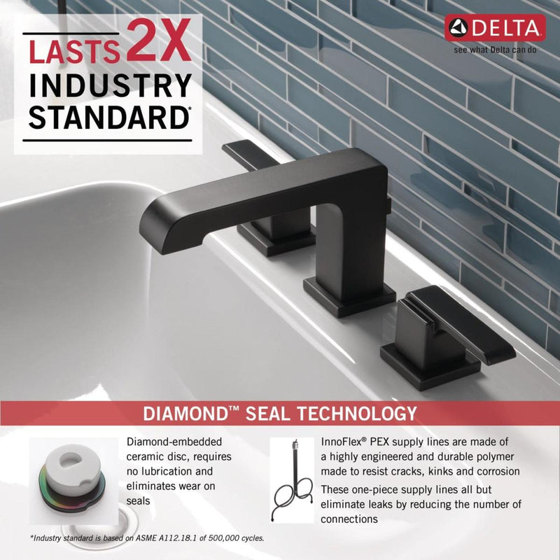 Delta Ara 1.2 GPM Widespread Bathroom Faucet - Includes Metal Pop-Up Drain Assembly - Matte Black